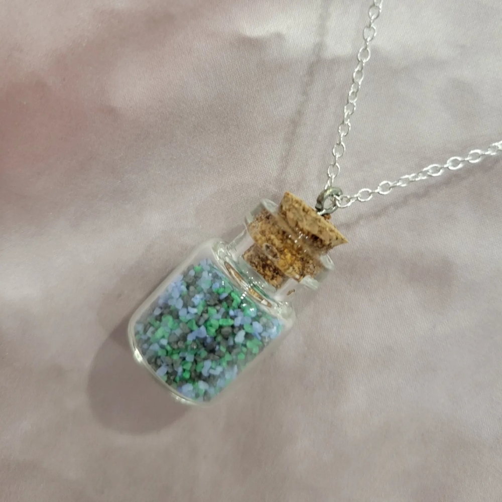 Brand new handmade multicolour sand filled glass jar necklace